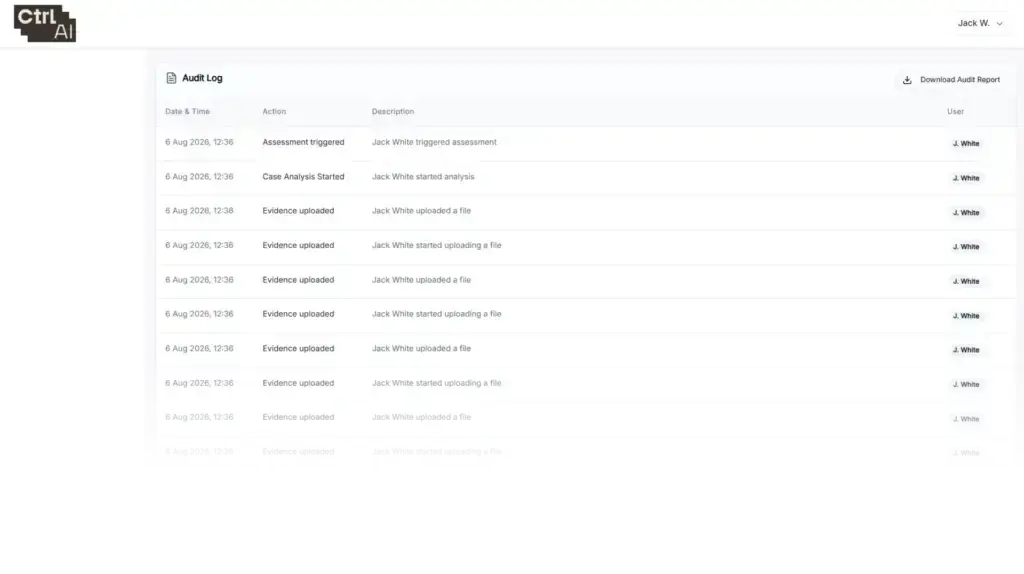 Audit log for a case, recording each upload and assessment with who did it and when. Demonstration case.