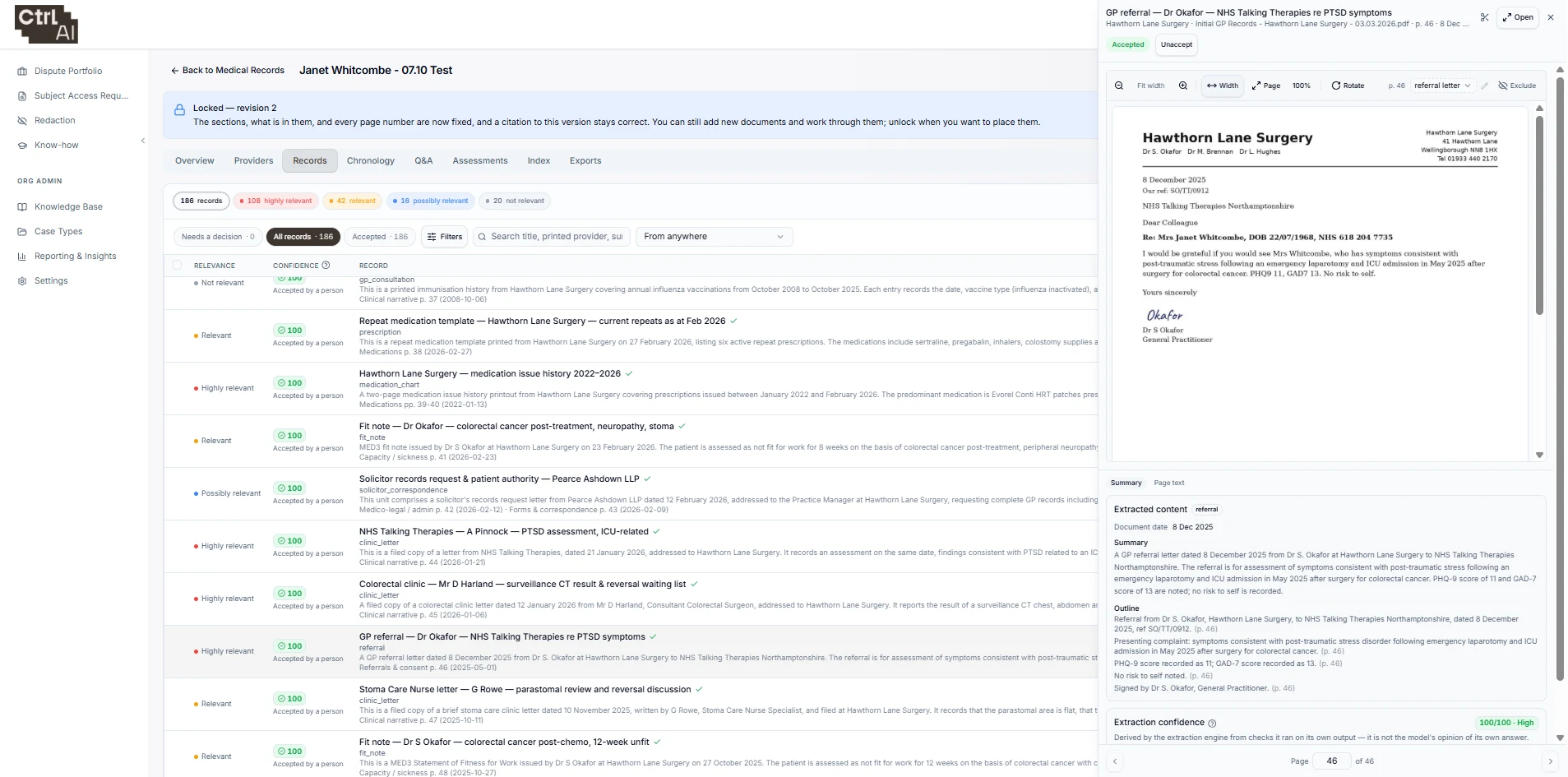 Medical records for a claim in a locked bundle: each record rated for relevance and confirmed by a person, with the page shown alongside its summary. Demonstration case.