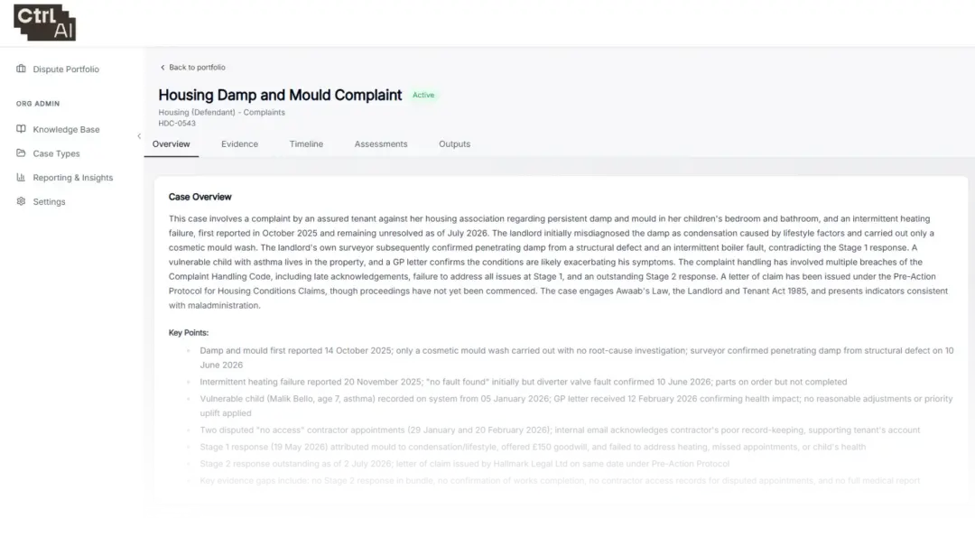 Case overview in a housing damp and mould complaint, with the key points for the complaint handler. Demonstration case.