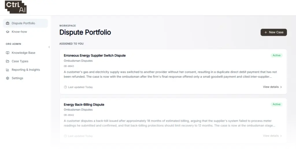 Disputes portfolio: each case with its summary and current stage. Demonstration cases.
