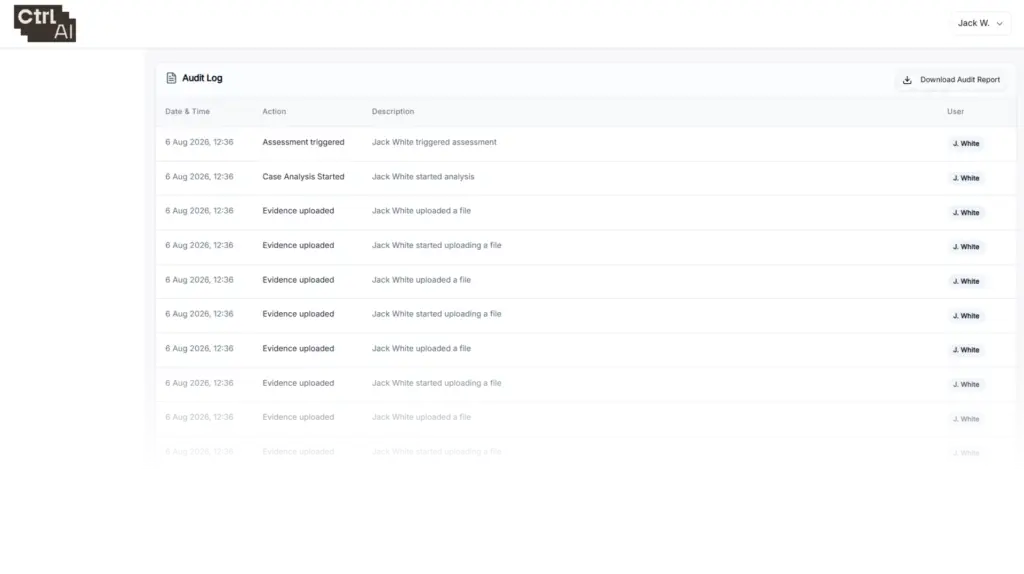 Audit log recording every upload, assessment and edit. Demonstration case.