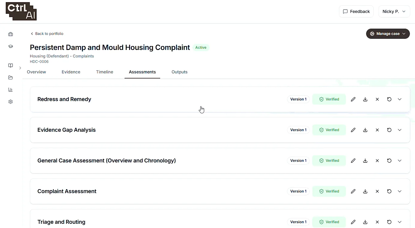 Assessments on a case, each verified by a named reviewer before use