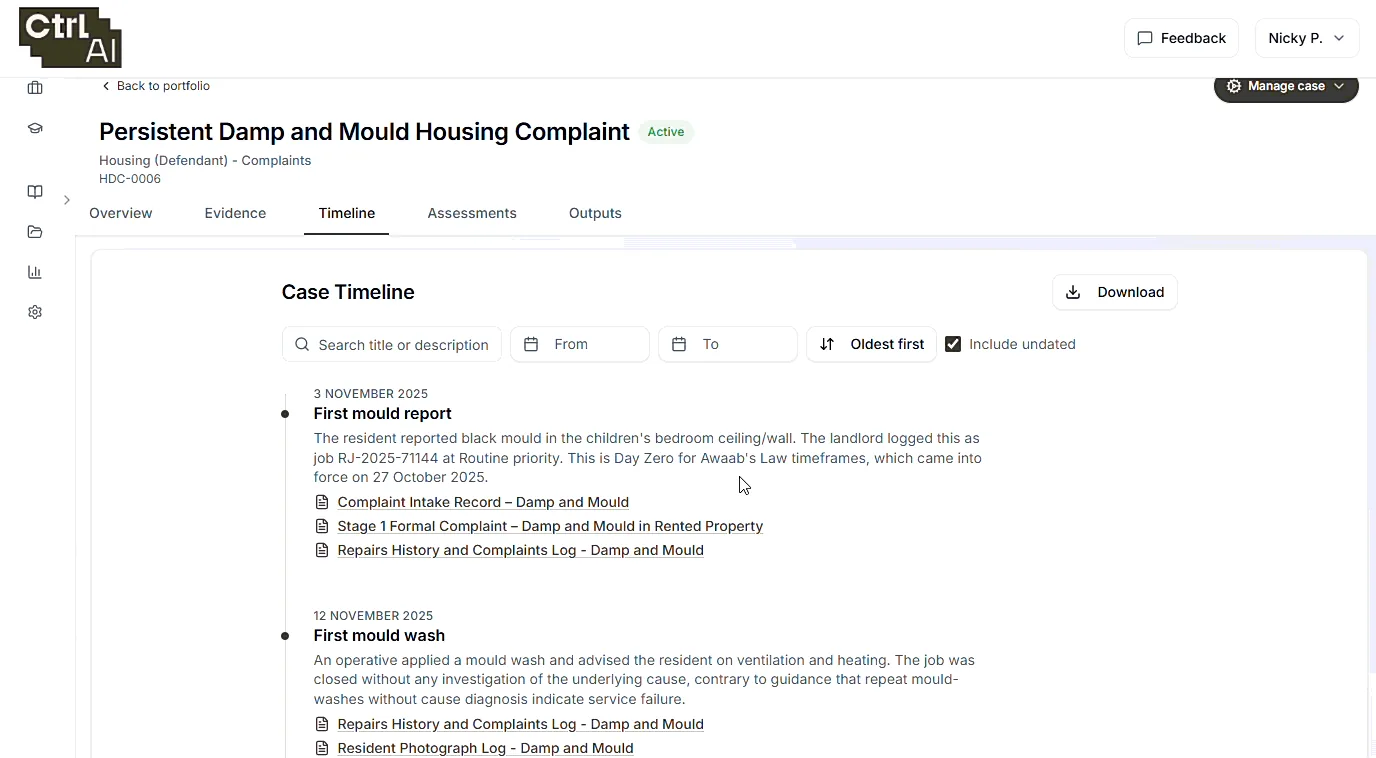Case timeline in a damp and mould housing complaint, each event linked to its supporting evidence. Demonstration case.