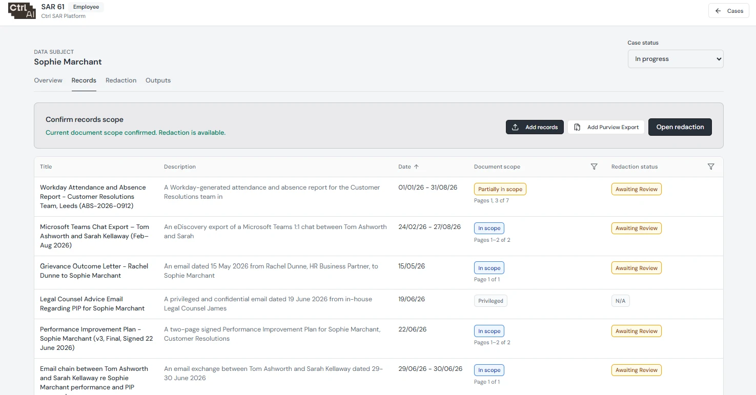 Records for the same request, each proposed as in scope, partly in scope or privileged, with the pages affected and its review status. Demonstration case.