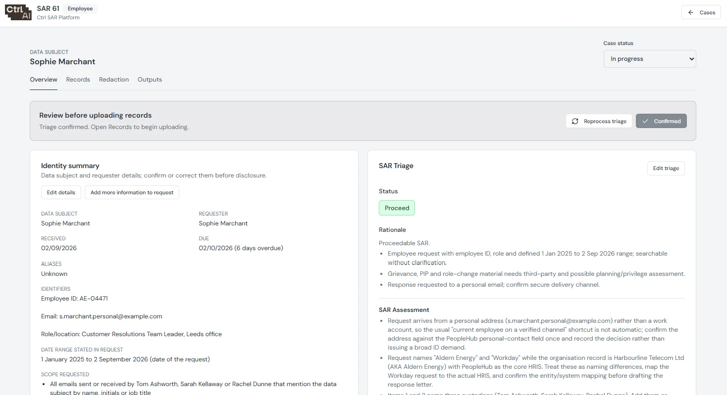 Request assessment for an employee subject access request: identity, scope and triage for staff to confirm before any records are added. Demonstration case.