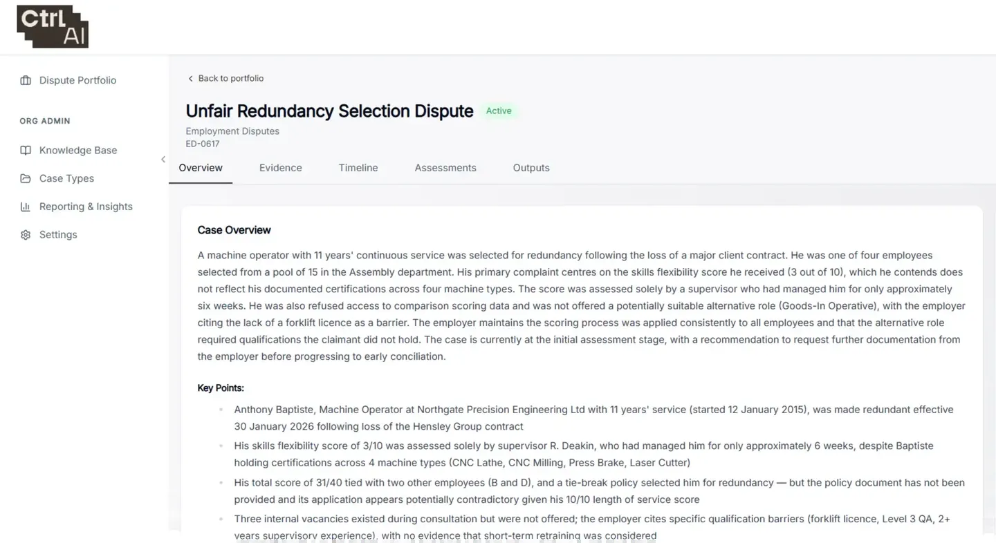 Case overview in an unfair redundancy selection dispute, with the key points for the lawyer. Demonstration case.