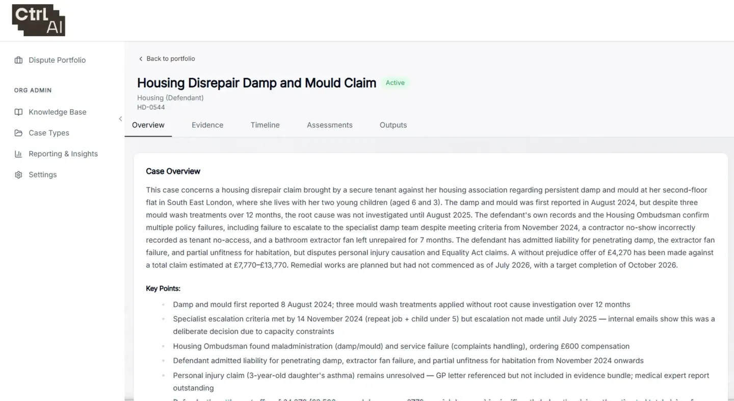 Case overview in a housing disrepair claim for damp and mould, with the key points and evidence gaps. Demonstration case.